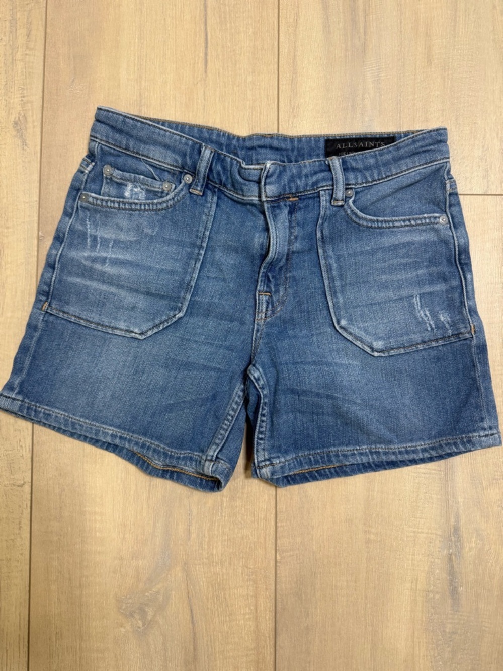 All Saints Women's Medium Blue Denim Patch Pocket Shorts